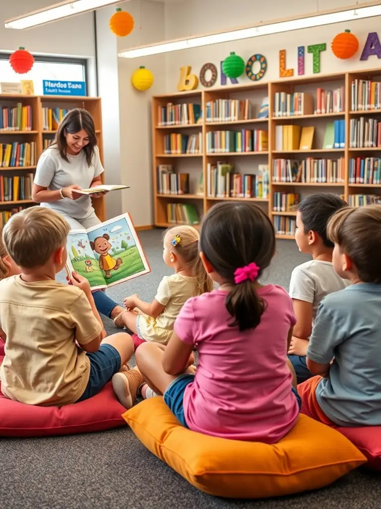 A brightly lit photo of children participating in a storytelling session at MA P'TITE BIBLIOTHEQUE, with a librarian reading aloud from a colorful picture book.
