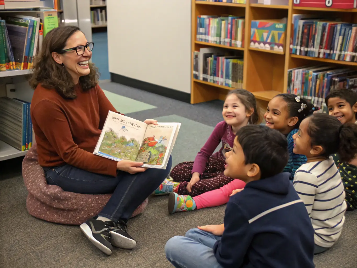 A heartwarming image of a librarian reading to a group of attentive children in a cozy corner of the library, surrounded by colorful books and soft lighting.
