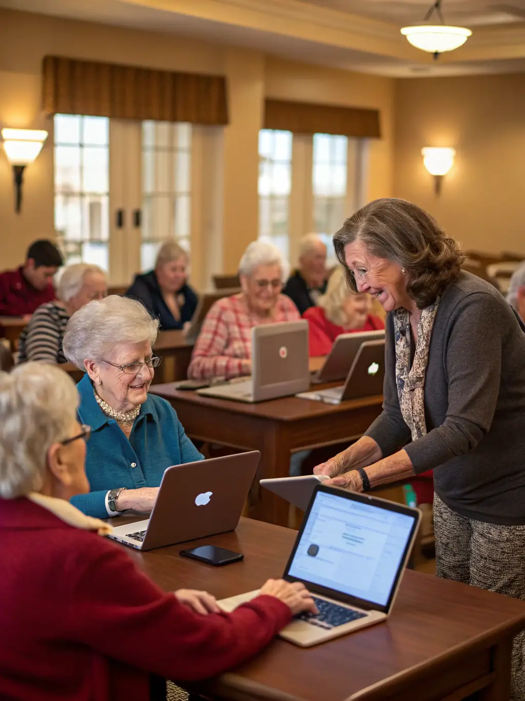 A photo of seniors participating in a digital literacy class at MA P'TITE BIBLIOTHEQUE, learning how to use tablets and access online resources.