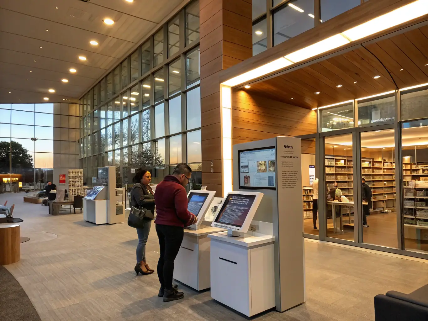 A visually appealing image of a modern library space with comfortable seating, digital resource centers, and a wide selection of books and multimedia materials.