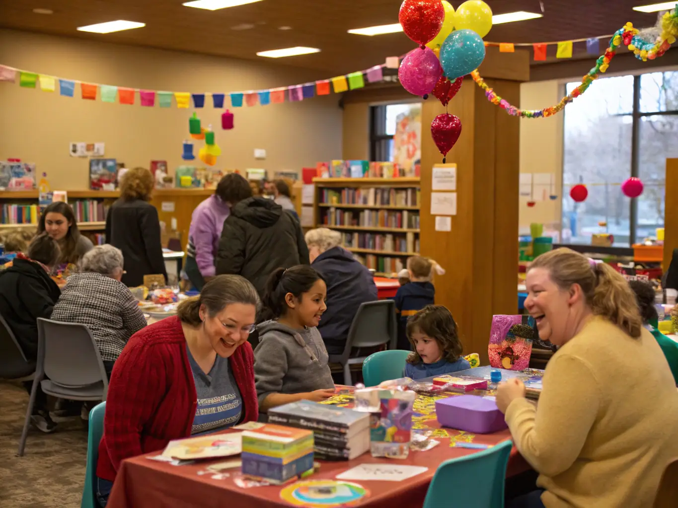 A photograph showcasing a diverse group of community members participating in a cultural event at the library, with traditional music, dance, and crafts on display.