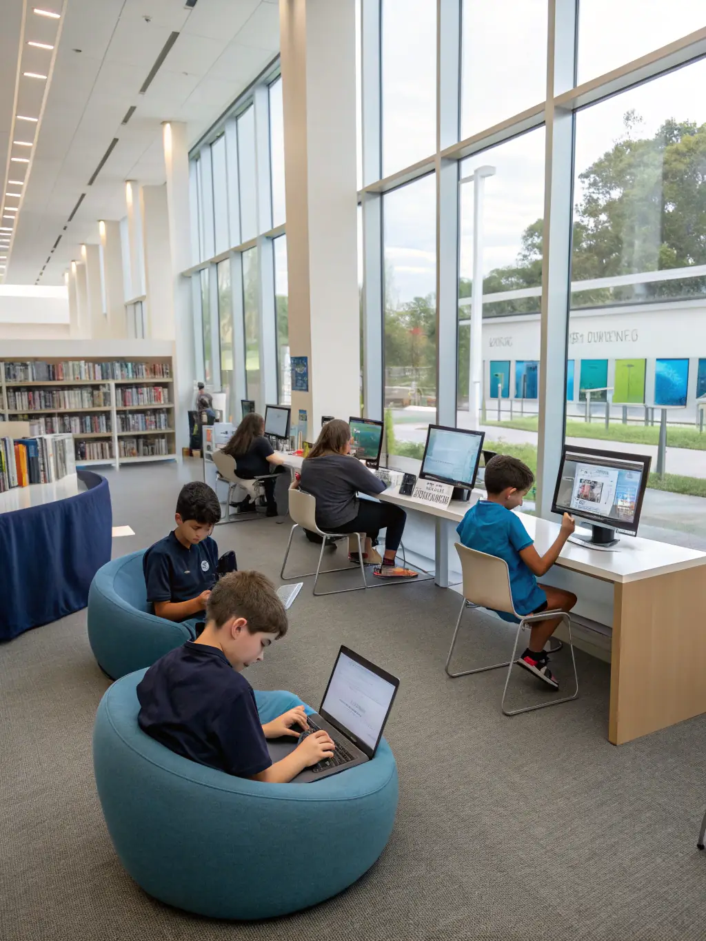An image showcasing a modern, well-equipped digital resource center at Ma P'TITE BIBLIOTHEQUE, with patrons of various ages using computers and tablets.