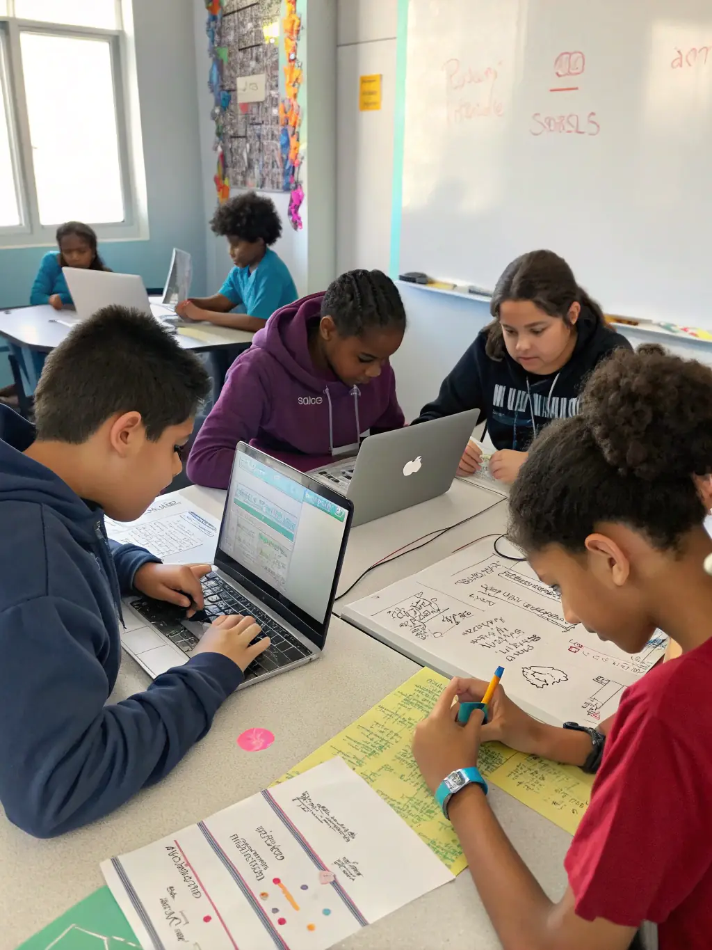 A group of teenagers engaged in a coding workshop at MA P'TITE BIBLIOTHEQUE, working on laptops and collaborating on a project.