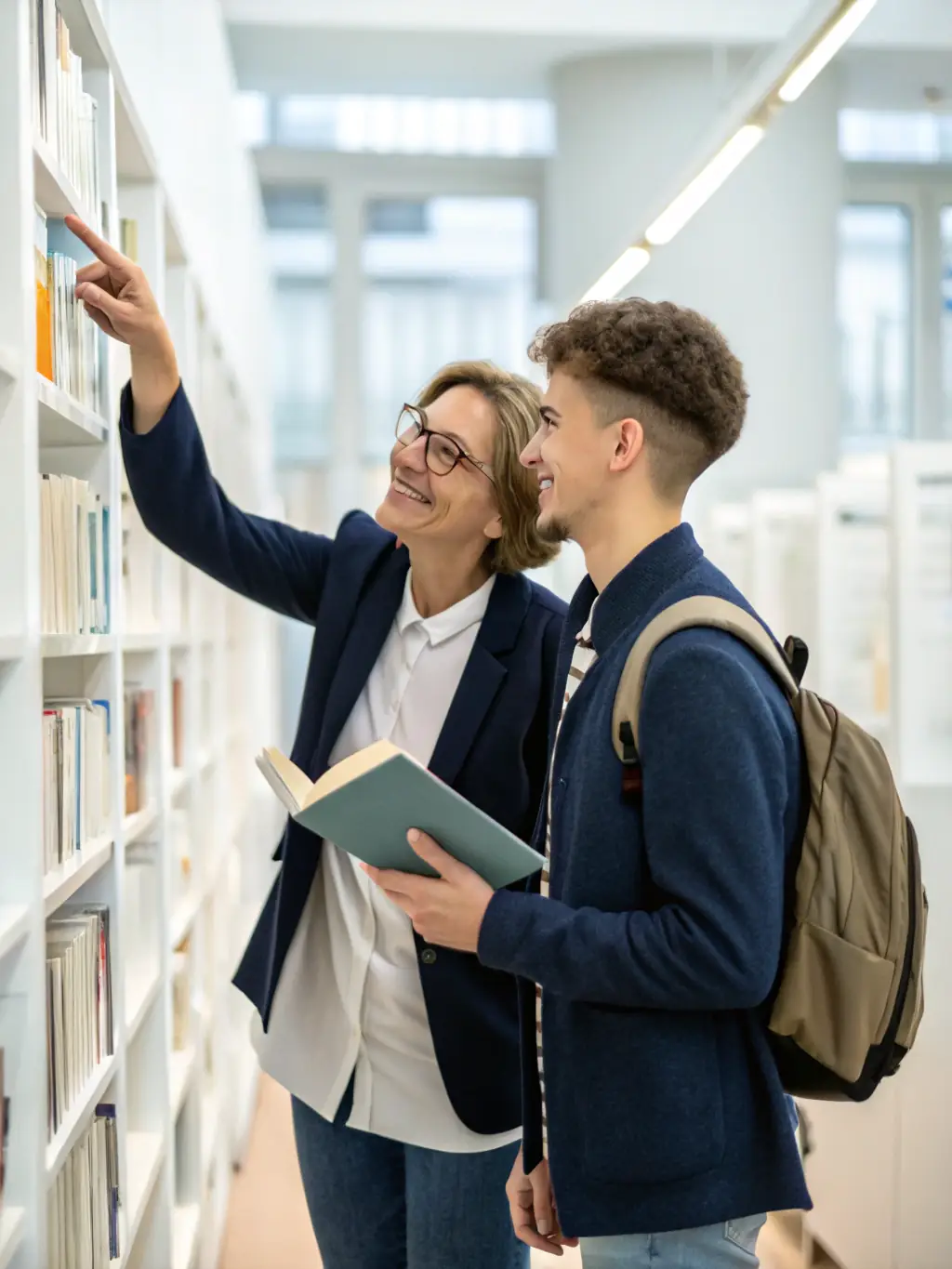 A picture of shelves filled with books at Ma P'TITE BIBLIOTHEQUE, with a librarian assisting a patron in finding a specific title.