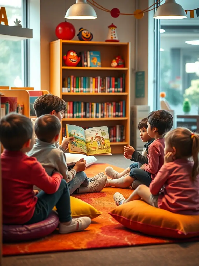 A photograph capturing a diverse group of children participating in a storytelling session at Ma P'TITE BIBLIOTHEQUE, with a librarian enthusiastically reading from a book.