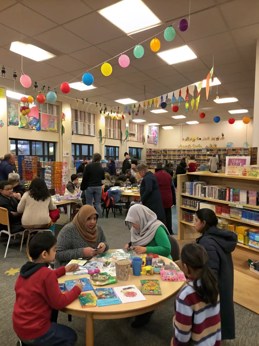 A photograph of a community event hosted at Ma P'TITE BIBLIOTHEQUE, featuring diverse participants engaging in a cultural activity, such as a book club meeting or a local author presentation.