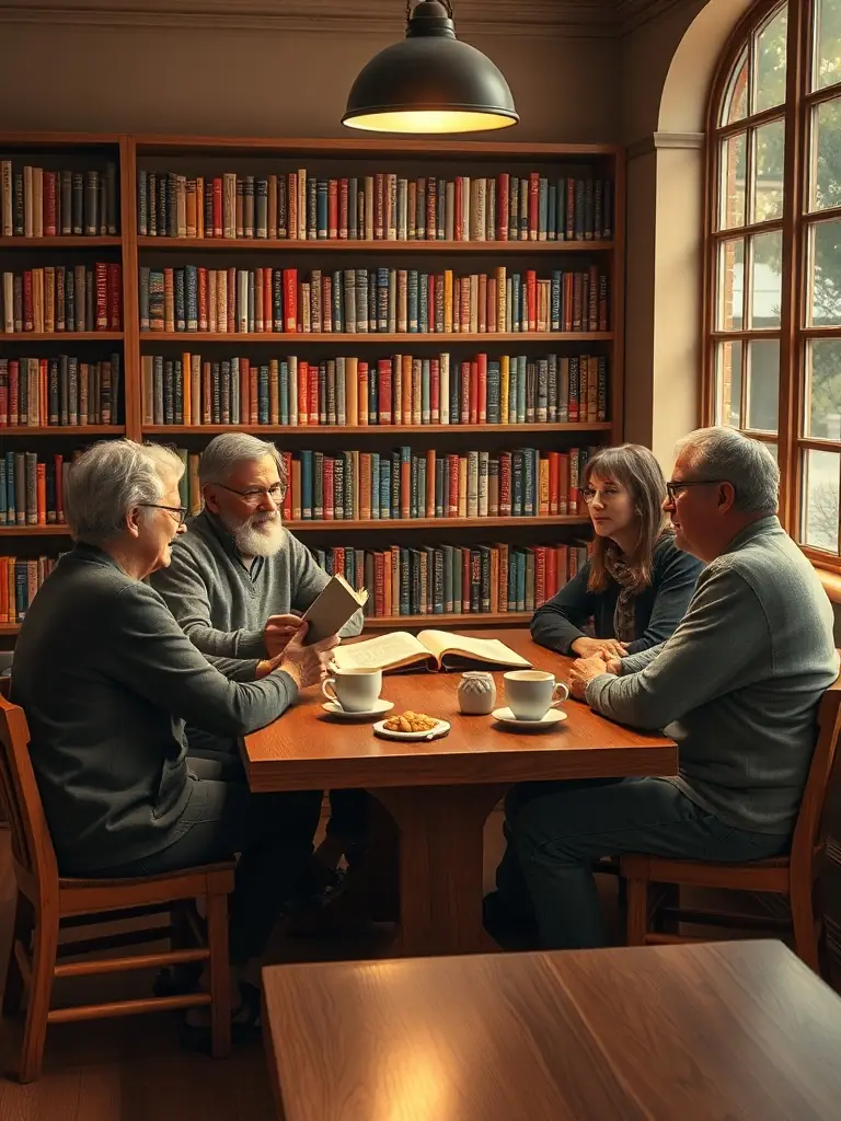 An image of adults participating in a book club discussion at MA P'TITE BIBLIOTHEQUE, with books and refreshments on the table.